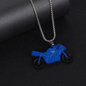 Kids hip hop stainless steel necklace featuring a bright blue motorcycle pendant