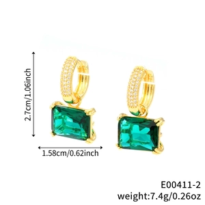 Elegant gold earrings with emerald-cut green cubic zirconia and micro-pave white stones
