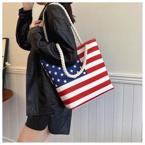 Detail of the high-capacity American flag canvas tote bag with thick cotton rope handles