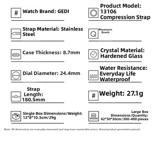 Detailed technical specifications table for the GEDI women's quartz watch model 13106
