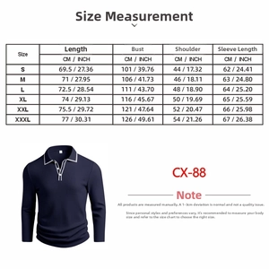 Detailed size measurement chart for men's long sleeve polo shirt showing S to 3XL dimensions