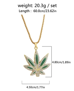 Hip hop gold maple leaf pendant with green enamel and zircon stones showing dimensions