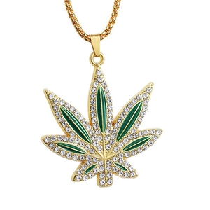 Hip hop maple leaf pendant necklace in gold with green enamel and sparkling rhinestones