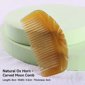 Natural engraved ox horn moon comb with organic texture, compact 8cm portable design