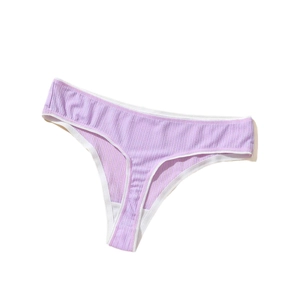 Purple ribbed polyester thong for women with white elastic trim and breathable fabric