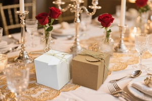 Detail of square kraft and white gift boxes with twine bows on an elegant dinner table