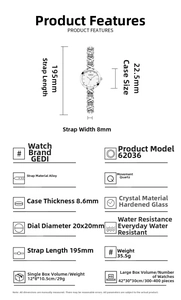 Detailed spec sheet showing 20mm quartz watch case size and alloy strap dimensions