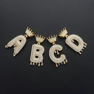 Gold hip hop necklaces with zircon crown capital letters A B C D in melting drop design