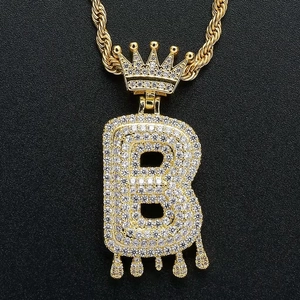 Hip hop crown letter B pendant necklace with gold chain and micro-paved cubic zirconia
