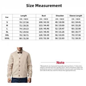 Detailed size chart with measurements for men's jacquard cardigan knit sweater jacket