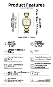 Spécifications de la montre GEDI dorée carrée montrant les dimensions et le bracelet en alliage