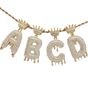 Iced out gold hip hop crown initial necklace with cubic zirconia and rope chain