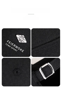 Detail of black sports cap showing letter embroidery and adjustable metal buckle