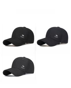 Detailed view of men's baseball caps in black, navy, and dark gray with logo patch