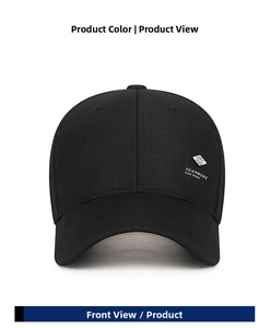 Detailed front view of a black baseball cap with metallic logo and reinforced stitching