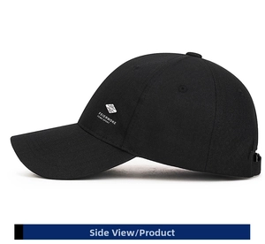 Detail view of the black cotton baseball cap showing side brand logo and curved brim