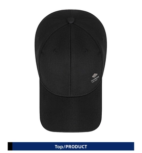 Top view of black cotton baseball cap showing six-panel structure and side logo