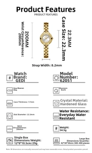 Detailed size specifications for a gold luxury quartz watch showing dial and band dimensions