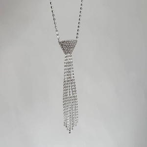 Gros plan d'un collier en forme de cravate argentée serti de strass blancs brillants