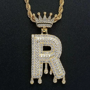 Hip hop style gold crown initial R pendant necklace with zircon drip effect on rope chain