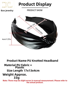 Detail view of black PU leather knotted headband with dimensions 17x13x4cm and width