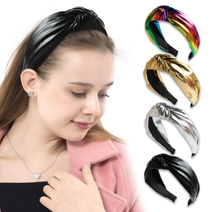 Fashionable PU leather knotted wide headband available in gold, silver, black and rainbow