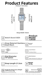Detailed size chart for square mother-of-pearl watch with dimensions and specs