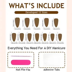 Size chart showing 12 almond press-on nail dimensions with nail file and adhesive tabs