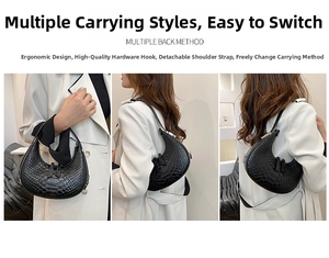 Black crocodile embossed crescent bag shown in three functional ways with detachable strap