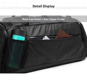 Detail der Sporttasche mit seitlicher Netztasche für Flaschen und hinterem Reißverschluss