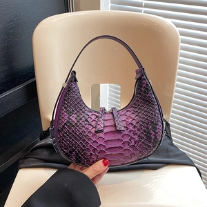 Fashionable purple crocodile pattern crescent bag with sleek silver zipper closure
