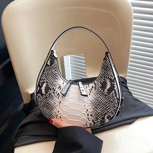 Chic black and white python texture crescent moon handbag with single handle design