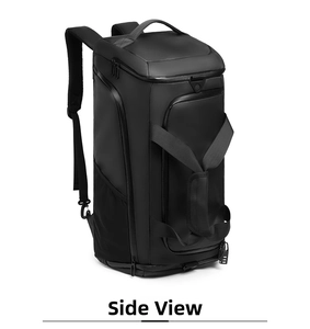 Seitenansicht des schwarzen wasserdichten Rucksacks mit Netztaschen und Sicherheitsreißverschluss