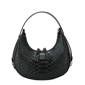 Fashionable black crocodile pattern crescent shoulder bag with minimalist curved design