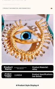 Makro-Detail einer Vintage-Augenbrosche mit blauer Pupille und Strasssteinen in Geschenkbox