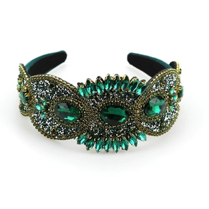 Baroque wide headband with green crystals and gold beads on a luxury velvet base
