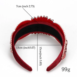 Detailed view of red velvet baroque headband with crystals and 99g weight specification
