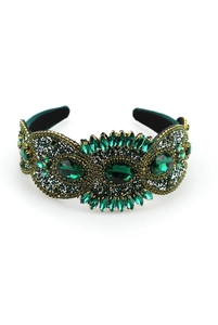 Close-up of Baroque emerald green crystal headband with intricate hand-beaded details