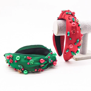 Christmas knotted headbands with rhinestones and faux pearls in red and green colors
