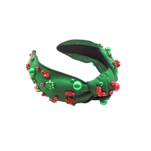 Green knotted Christmas headband with festive red and green rhinestones and pearls
