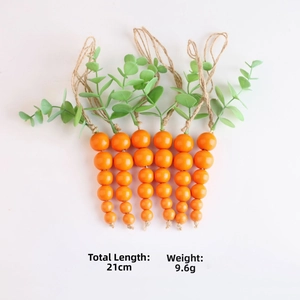 Set of 6 wooden carrot bead ornaments with green leaves, 21cm length and 9.6g weight