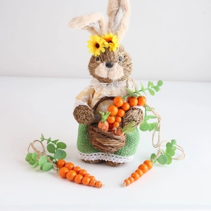 Straw Easter bunny figurine in floral dress with basket and carrot hanging charms