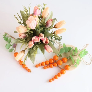 Easter farmhouse decor set with wooden carrot beads and artificial tulip flower bouquet