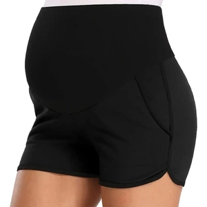 Black maternity sports shorts with high-waist support panel and side pockets