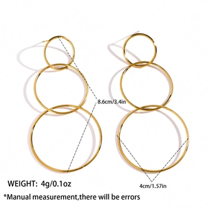 Detailed size specifications for 18k gold triple hoop drop earrings showing dimensions