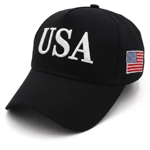 Black five-panel baseball cap with white USA embroidery and US flag patch