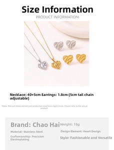 Polished heart-shaped stainless steel necklace and earring set with 40+5cm chain length