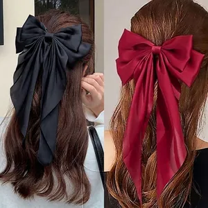 Oversized Satin Bow Hair Clip With Long Streamers Solid Color French Retro Style Elegant Spring Clip Headwear For Women