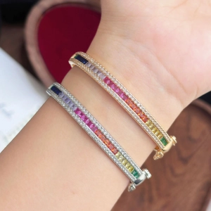 Rainbow gemstone bracelets with square crystals in rose gold and silver finish
