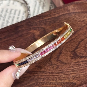 Rainbow gradient square gemstone bangle with gold plating and cubic zirconia accents